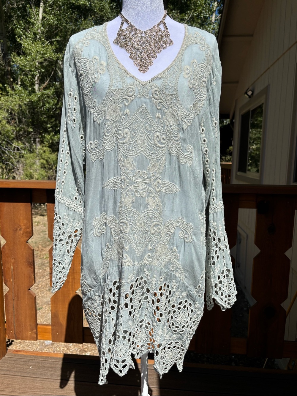 Johnny was
Light Sage embroidered Lace-Detail Women's tunic style top